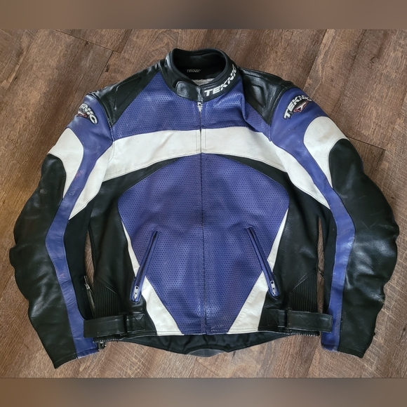 TEKNIC Leather Motorcycle Jacket Purple Black And White - Picture 1 of 4